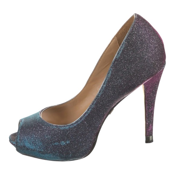 Badgley Mischka Humbie IV Iridescent Sparkle Peep-Toe 4.5” High Heels. Size 7. - Picture 1 of 11